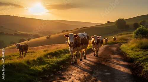 Cattle's evening return, medium shot of cows making their way home, the setting sun painting them in golden hues, showcasing daily farming life.