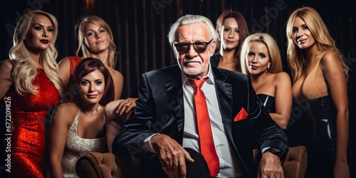 Affluent elderly man living the oligarch lifestyle surrounded by glamorous women, concept of Sophisticated luxury