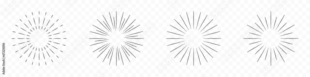 Fototapeta premium Round sunburst, line pen radial frame icon set