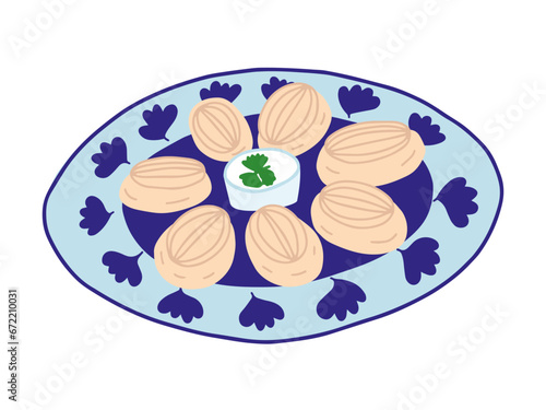 Caucasian national dish from dough and meat. Vector cartoon manti dish illustration