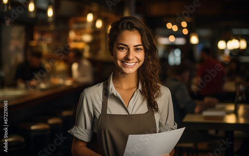 Fair-skinned brunette girl waitress in a restaurant. Woman welcoming guests having prosperous catering business concept.