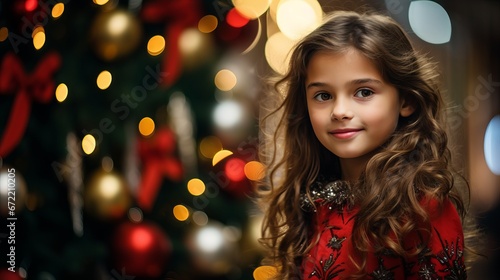 Young girl smiling and holding a gift box near a decorated Christmas tree in a cozy living room