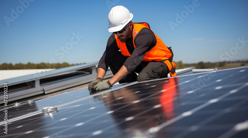 Professional worker installing solar panels on the roof of a house. Concept of alternative and renewable energy.