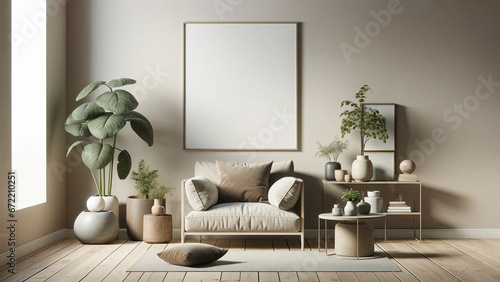 Minimalistic living room interior with blank poster frame mock-up, cozy beige sofa surrounded by potted plants, modern home design with wooden elements, home decor concept