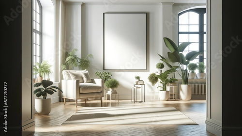 Elegant living room interior with a blank poster frame mock-up, stylish furnishings complemented by green indoor plants, modern home design, decor concept