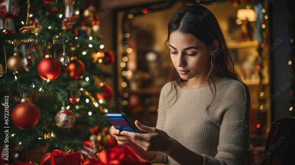Young woman buying Christmas gift online with smartphone and credit card at home Young woman buying Christmas gift online with smartphone and credit card at home