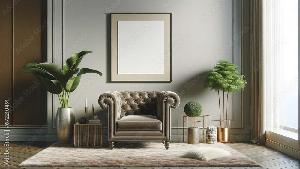 Sophisticated corner vignette with a touch of botanical elegance, spotlighting a luxurious tufted leather armchair, ambient gold-accented accessories, and an array of verdant plants, all harmoniously Sophisticated corner vignette with a touch of botanical elegance, spotlighting a luxurious tufted leather armchair, ambient gold-accented accessories, and an array of verdant plants, all harmoniously