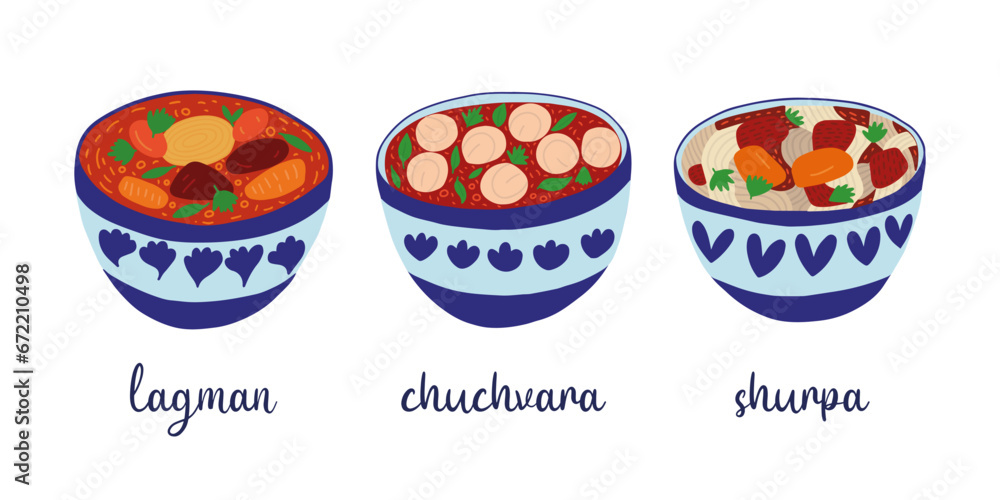 Fototapeta premium Set of central Asian cuisine soups cartoon style. Lagman, chuchvara and shurpa in bowl set of soups vector