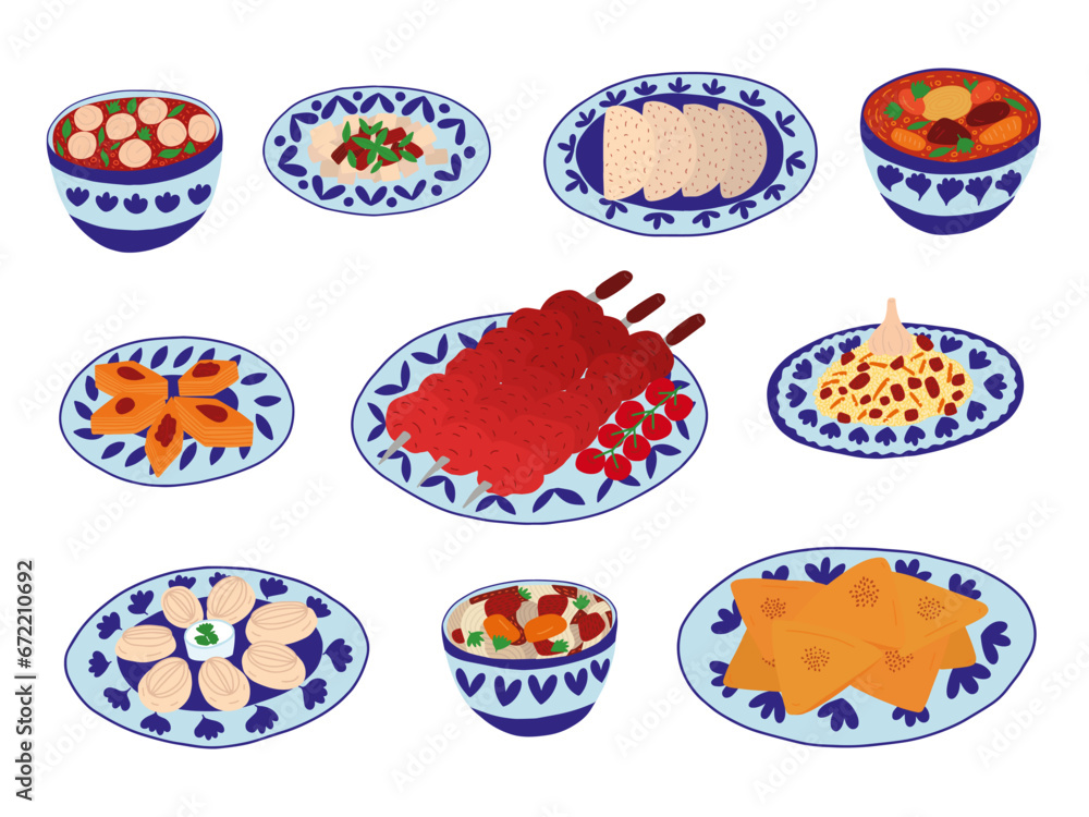 Φωτογραφία Set of Central Asian food cuisine dishes in cartoon style