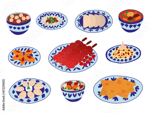 Set of Central Asian food cuisine dishes in cartoon style. Different kinds of central Asian cuisine samsa, shorpa, shashlik, pilaf, lagman soup and beshbarmak vector set