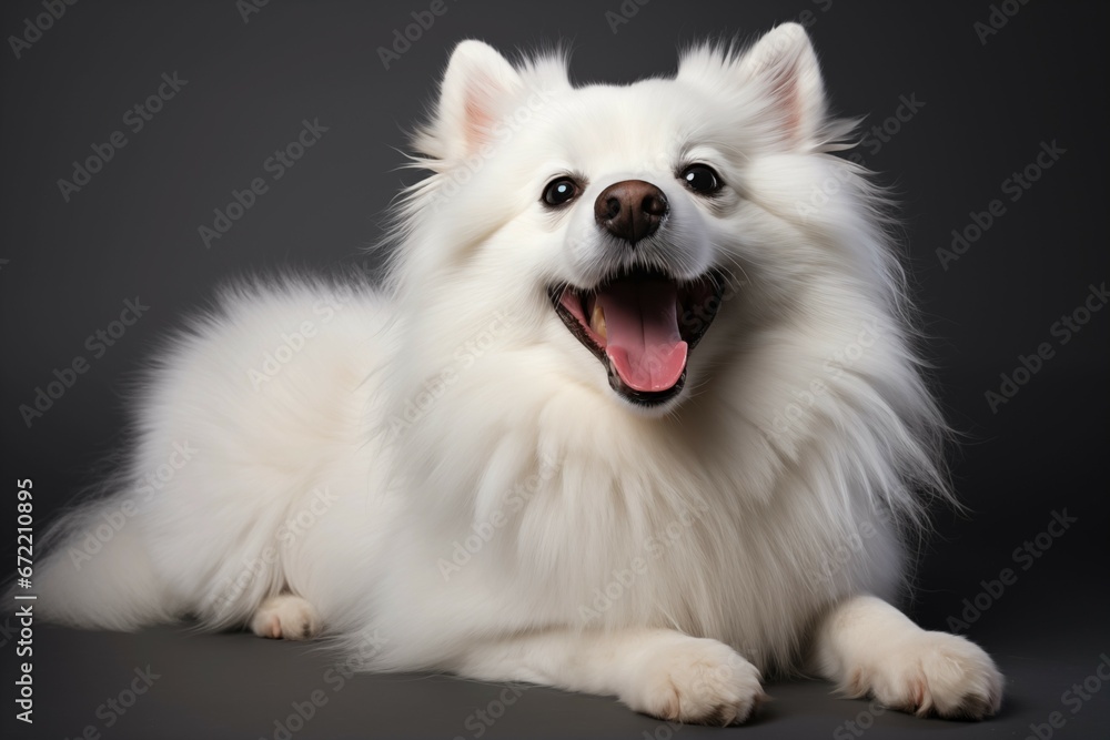Joyful White American Eskimo Dog in Playful Pose Against Black Background. Joyful White American Eskimo Dog in Playful Pose Against Black Background.
