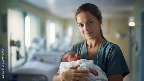 Portrait of pediatrician nurse holding and taking care newborn baby in hospital ward photo