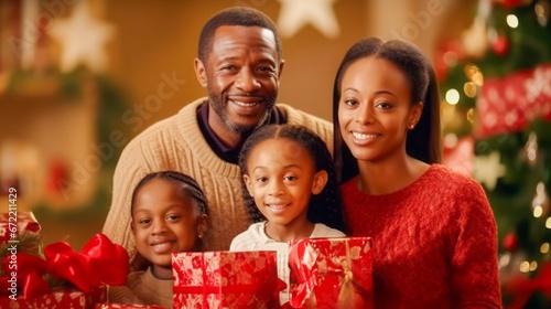 Portrait happy African American family with two children holding a Christmas gift boxes, smiling mother and father with adorable daughters looking at camera, celebrating New year.