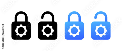 Gear locks. Different styles, access settings, open and closed lock, gear icons. Vector icons