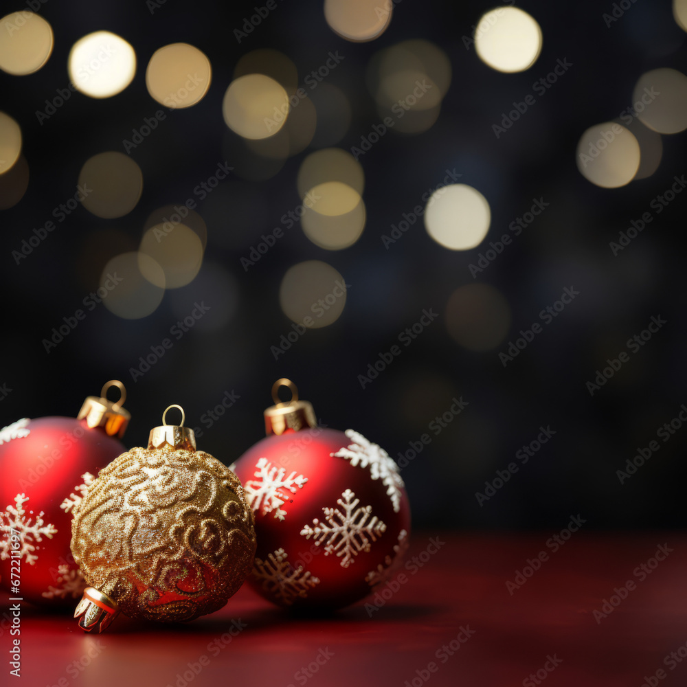 Red Christmas background with golden Christmas baubles Red Christmas background with golden Christmas baubles