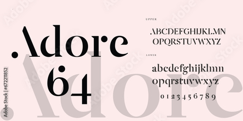 ADORE Elegant Font Uppercase Lowercase and Number. Classic Lettering Minimal Fashion Designs. Typography modern serif fonts regular decorative vintage concept. vector illustration