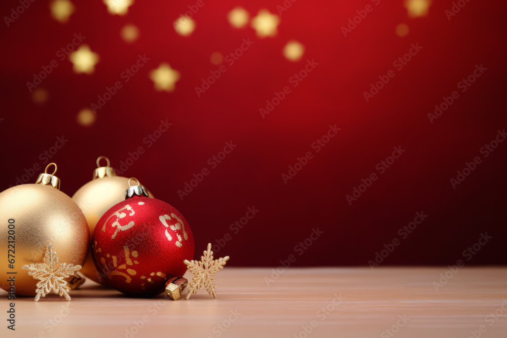 Red Christmas background with golden Christmas baubles Red Christmas background with golden Christmas baubles