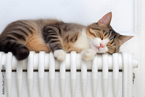 Domestic cat sleeping on white heating radiator
