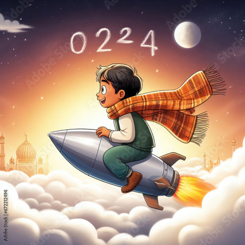 illustration boy sitting on rocket soaring to 2024 © 2D_Jungle