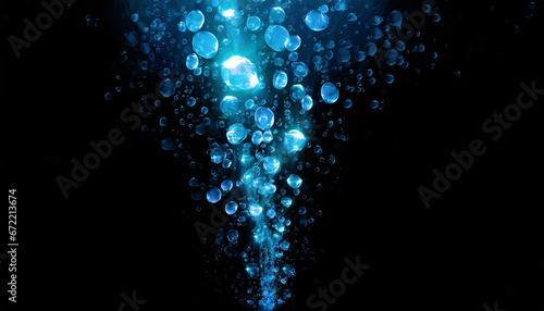Swirl of blue water bubbles at black background, free space for your text