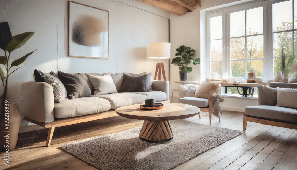Fototapeta premium Cozy loveseat sofa near round accent coffee table. Scandinavian home interior design of modern living room in farmhouse