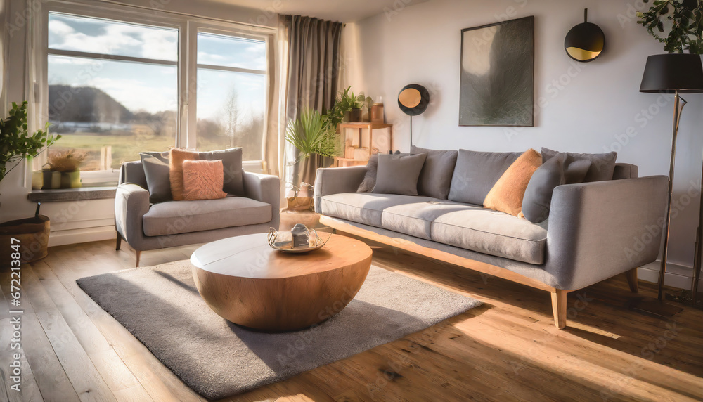 Cozy loveseat sofa near round accent coffee table. Scandinavian home interior design of modern living room in farmhouse Cozy loveseat sofa near round accent coffee table. Scandinavian home interior design of modern living room in farmhouse