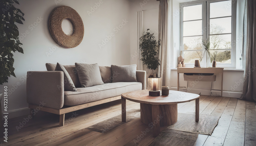 Fototapeta premium Cozy loveseat sofa near round accent coffee table. Scandinavian home interior design of modern living room in farmhouse
