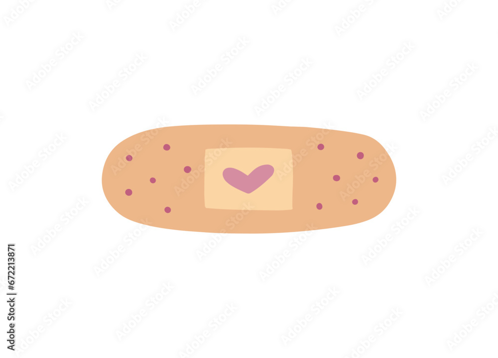 Hand drawn illustration of adhesive plaster with heart. Doodle colored illustration isolated on white background. Hand drawn illustration of adhesive plaster with heart. Doodle colored illustration isolated on white background.