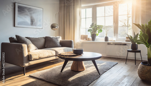 Cozy loveseat sofa near round accent coffee table. Scandinavian home interior design of modern living room in farmhouse © Martin