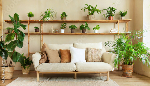cozy sofa with white and beige cushions and wooden pots with houseplants against beige wall © Martin