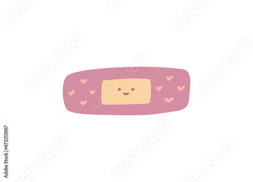 Hand drawn illustration of adhesive plaster with smile. Doodle colored illustration isolated on white background.