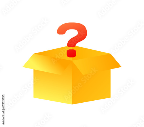 Question mark in a box. Flat, yellow, gift box, question mark inside the box. Vector icon