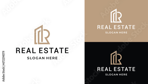 golden initial letter R simple monogram with building for residential and real estate city logo design.
