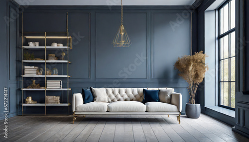 White loveseat sofa against window near dark grey wall with shelving unit. Scandinavian home interior design