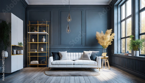 White loveseat sofa against window near dark grey wall with shelving unit. Scandinavian home interior design photo