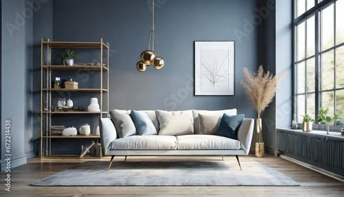 White loveseat sofa against window near dark grey wall with shelving unit. Scandinavian home interior design photo