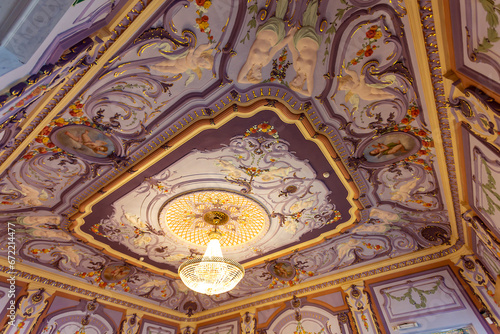 Painted ceiling in the interior of the Lilac  Large  living room in the Rukavishnikovs  estate in Nizhny Novgorod. Russia