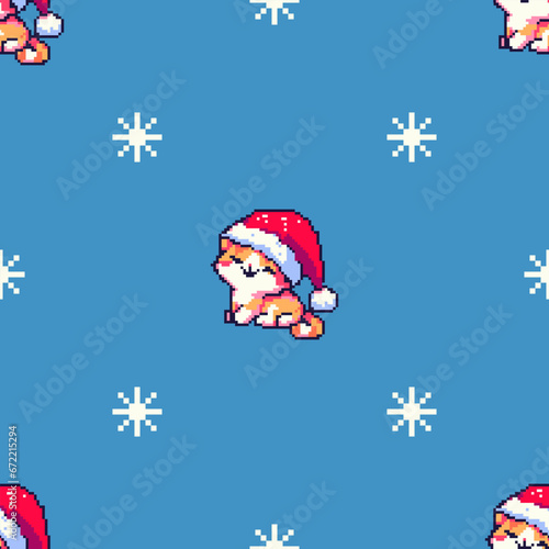 Słodki kot w czapce Świętego Mikołaja. Ilustracja w stylu pixel art. Wektorowy powtarzalny wzór.