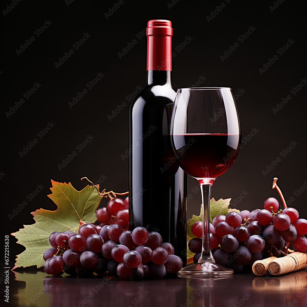 red wine bootle and glass wine with grapes concept
