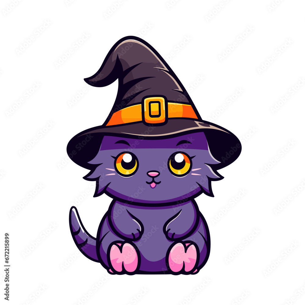 Cute witch cat vector clipart. Good for fashion fabrics, children’s clothing, T-shirts, postcards, email header, wallpaper, banner, events, covers, advertising, and more.