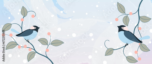 Watercolor winter art background. Watercolor natural winter botanical leaf branch with birds and snowfall. Design for print, decoration, poster, wallpaper, banner.