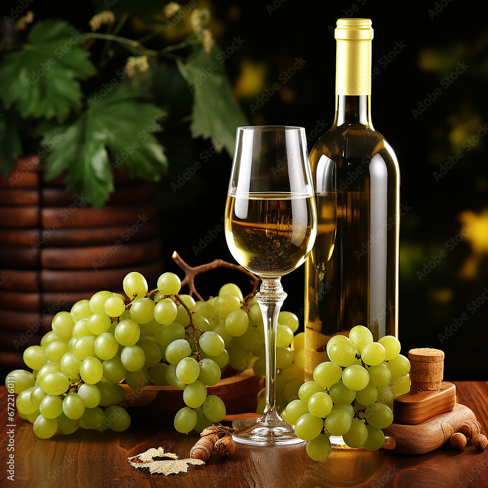 white wine bootle and glass wine with grapes concept 