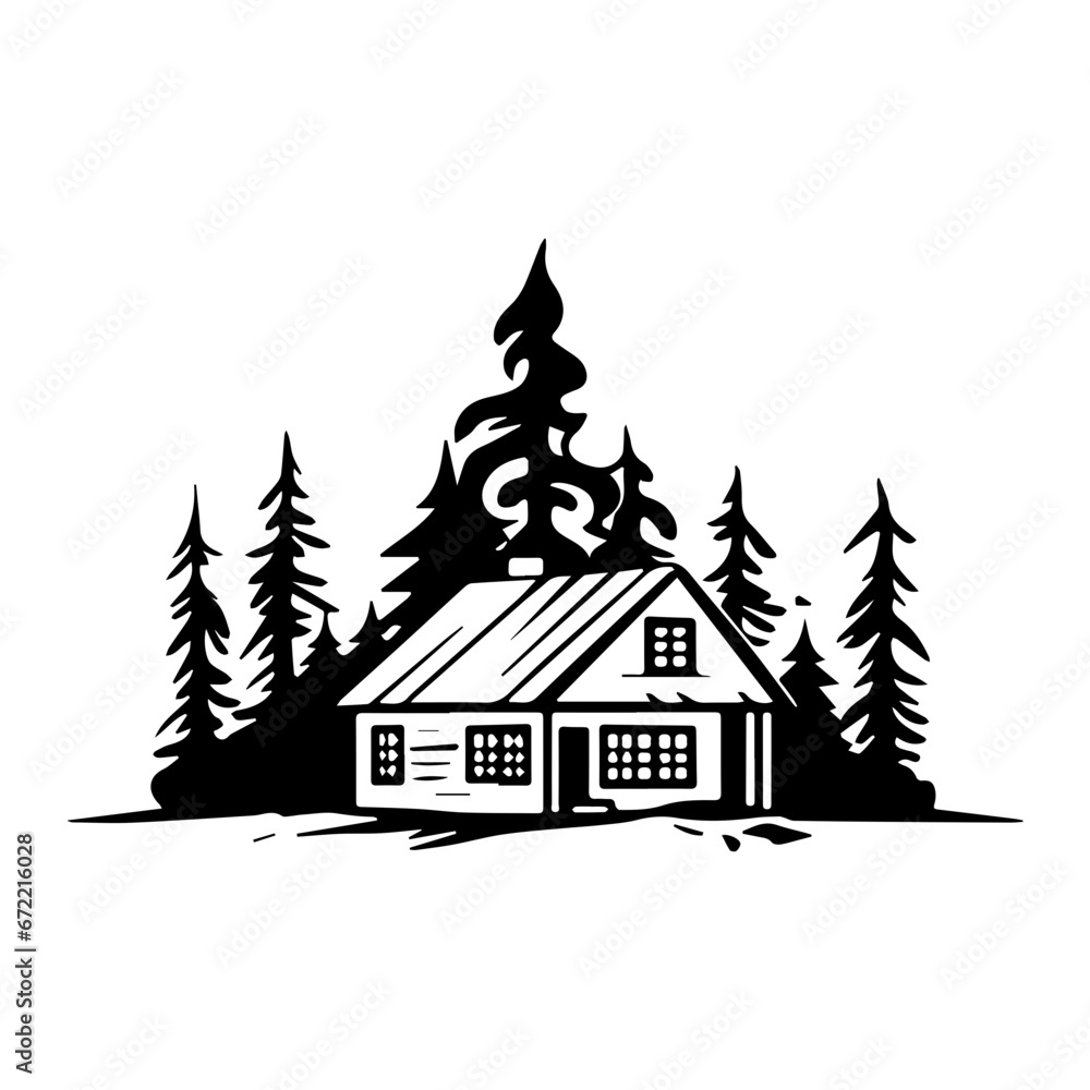 Obraz premium Forest house Illustration Clip Art Design Shape. Forest House Silhouette Icon Vector.