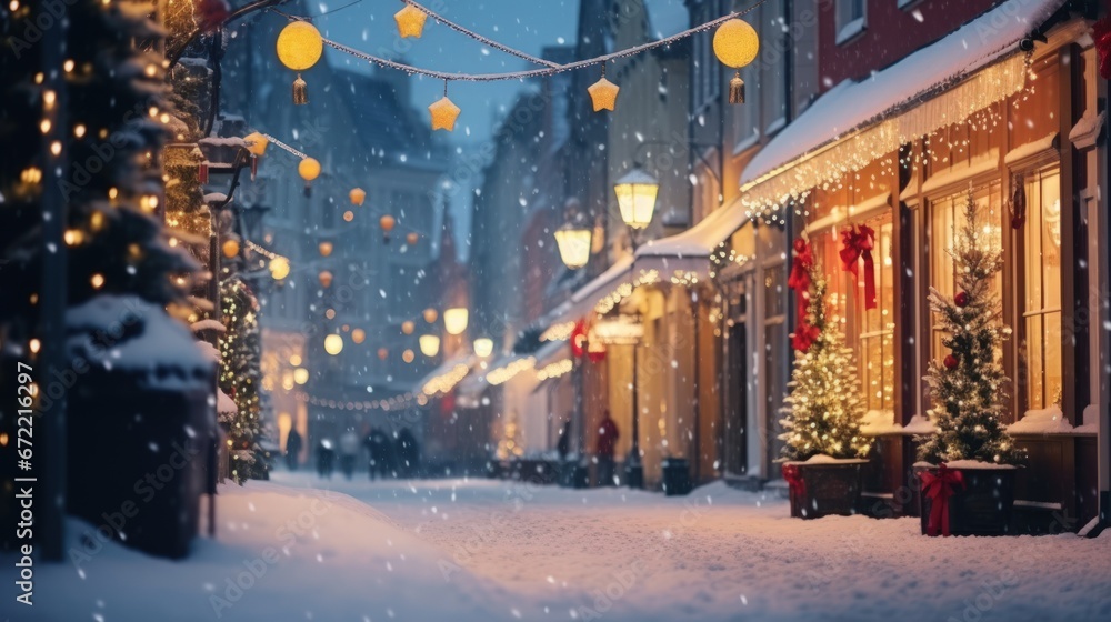 Beautiful Christmas lighting in small town building with snow. Beautiful Christmas lighting in small town building with snow.