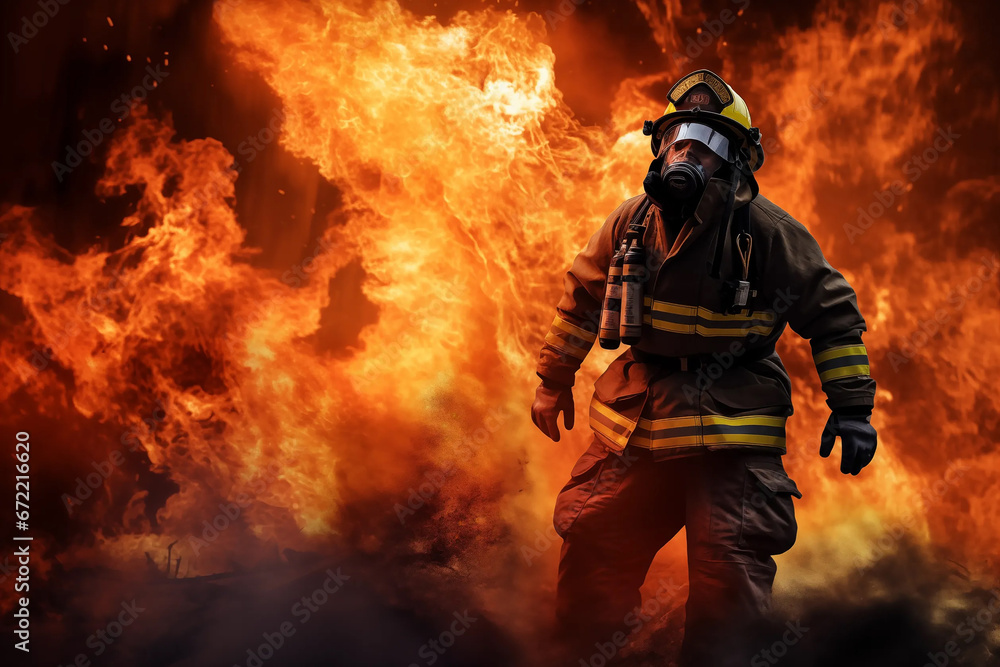 Firefighter against the background of fire Firefighter against the background of fire