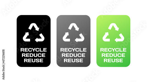 Recycle, reduce, reuse signs. Different styles, green, recycle, reduce, reuse signs, biodegradation icons. Vector icons