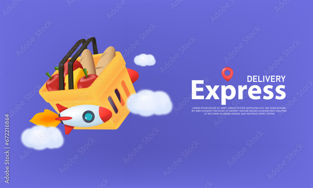 Naklejka premium 3D Express the red shopping basket with rocket thrust delivery concept on a purple background. Vector illustration