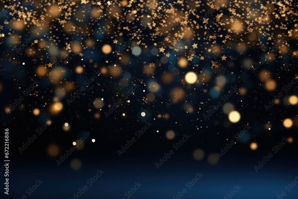 Abstract gold bokeh and shimmer on dark blue background. - obrazy, fototapety, plakaty 