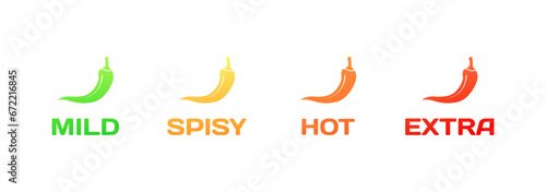 Mild, spicy, hot, extra icons. Flat, color, pepper icons, mild, spicy, hot, extra pepper. Vector icons