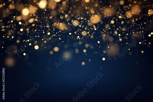 Abstract gold bokeh and shimmer on dark blue background.